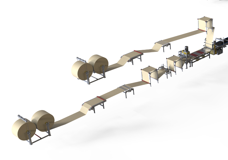 Cardboard handling and preparation unit of plasterboard production line.